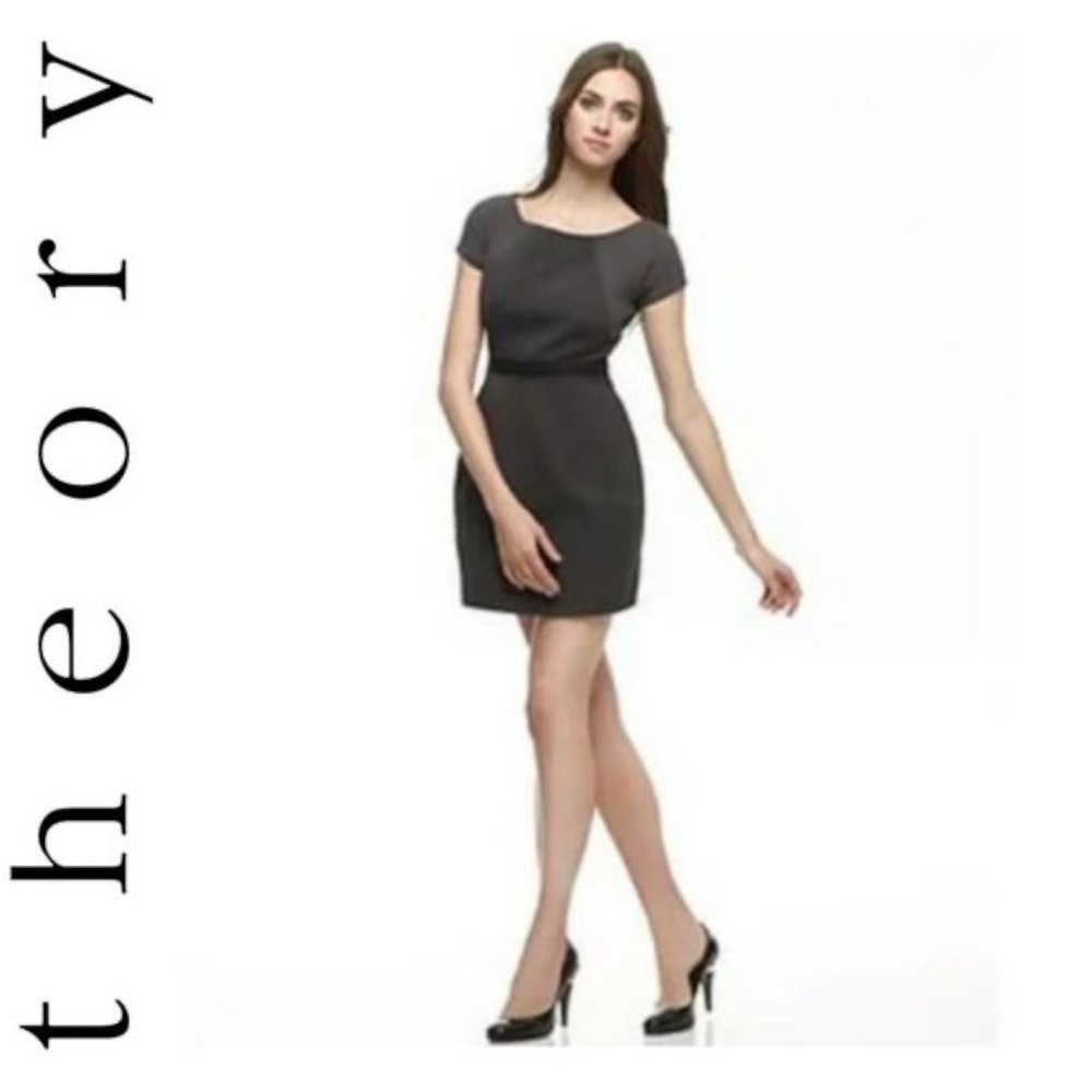 Theory Joenna Dress 10 Sheath Short Sleeve Panel Gray Black POCKETS Business